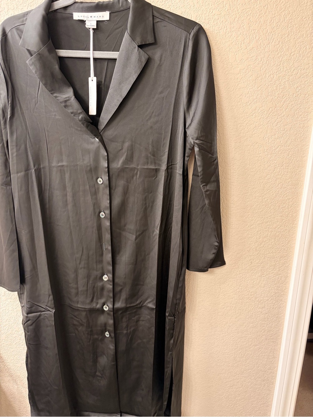 Black Satin Button-Front Tunic Shirt